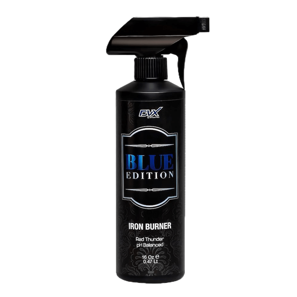 Divortex Blue Edition Iron Burner is an odorless, pH-neutral iron remover that dissolves rust, brake dust, and iron particles safely.