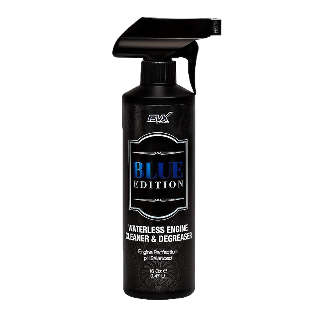 Divortex Blue Edition Waterless Engine Degreaser cleans oil and dirt without water while protecting plastic and metal parts.