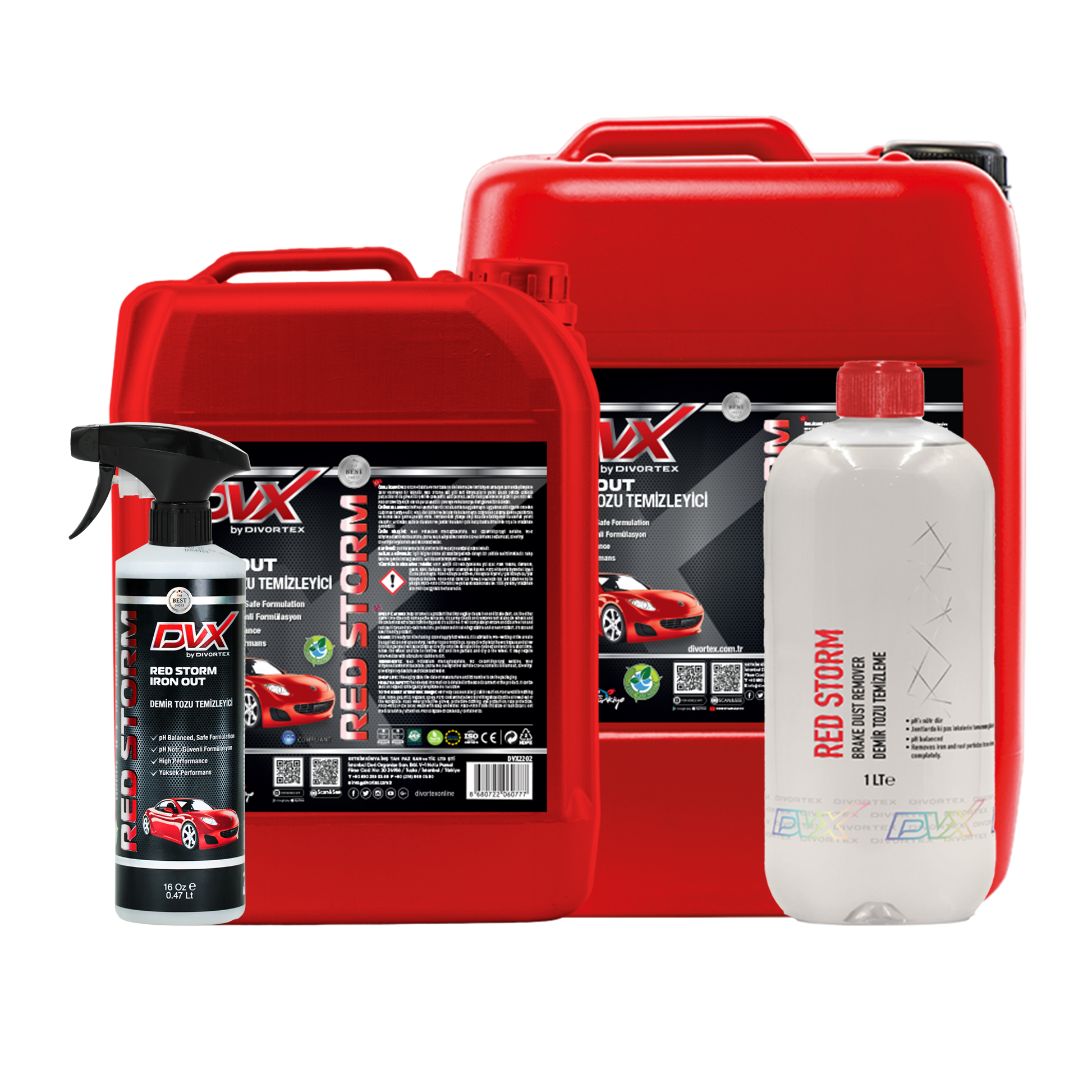 PH balanced iron remover that safely cleans car body paint and rims.

Brake dust cleaner that changes color on contact to show it is working.